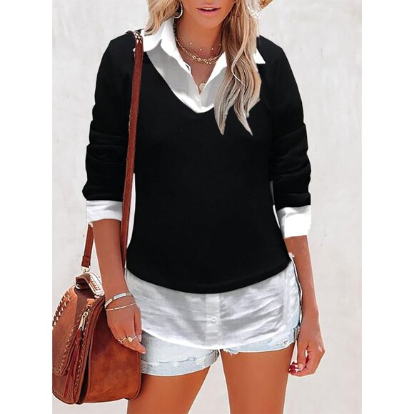 🆕Women Black Classic Collar Top Curved Hem Knit Pullover Plaid Contrast T-Shirt - Picture 2 of 2